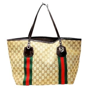 GUCCI Tote Bag Jolie Vintage Sherry Line Brown Canvas Classic Red Green Stripes